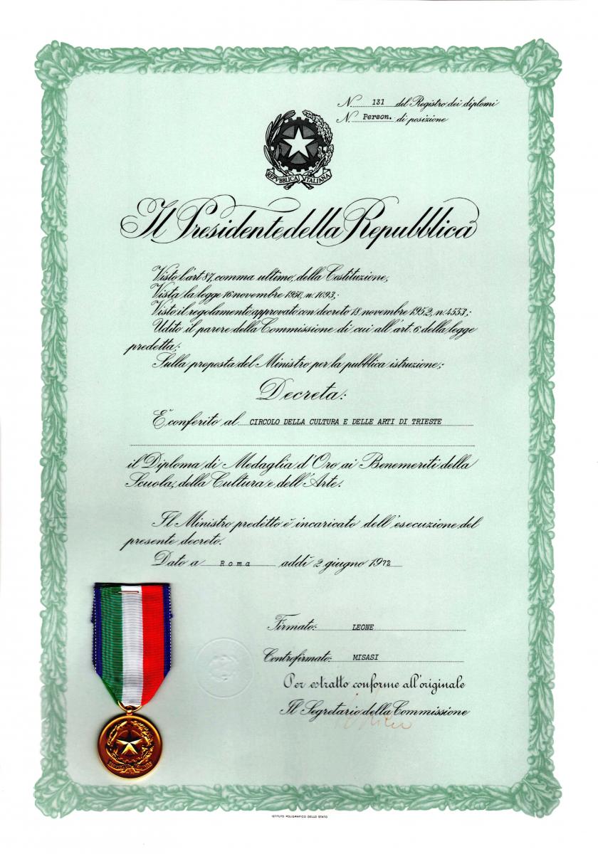 Diploma di Medaglia dOro 2 giugno 1872