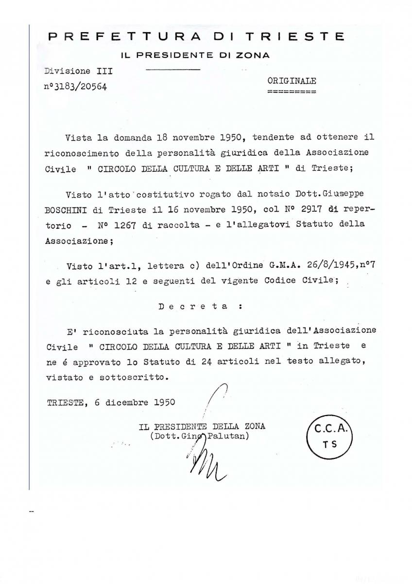 Prefettura di Trieste riconoscimento del CCA 6.XII.1950